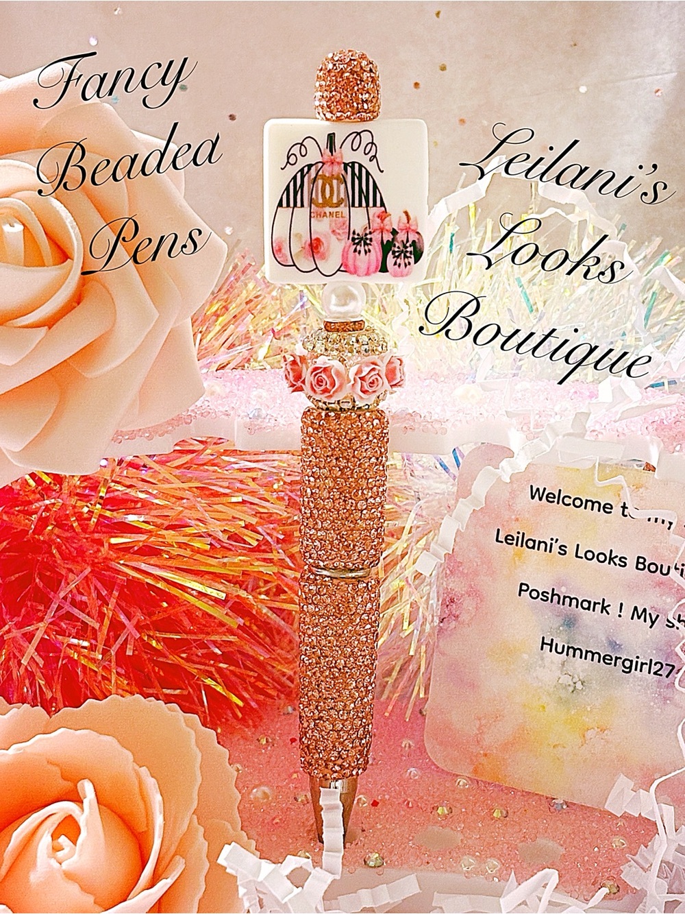 Pink & gold glittery pen with rose embellishments/pink pumpkin/halloween/pink/